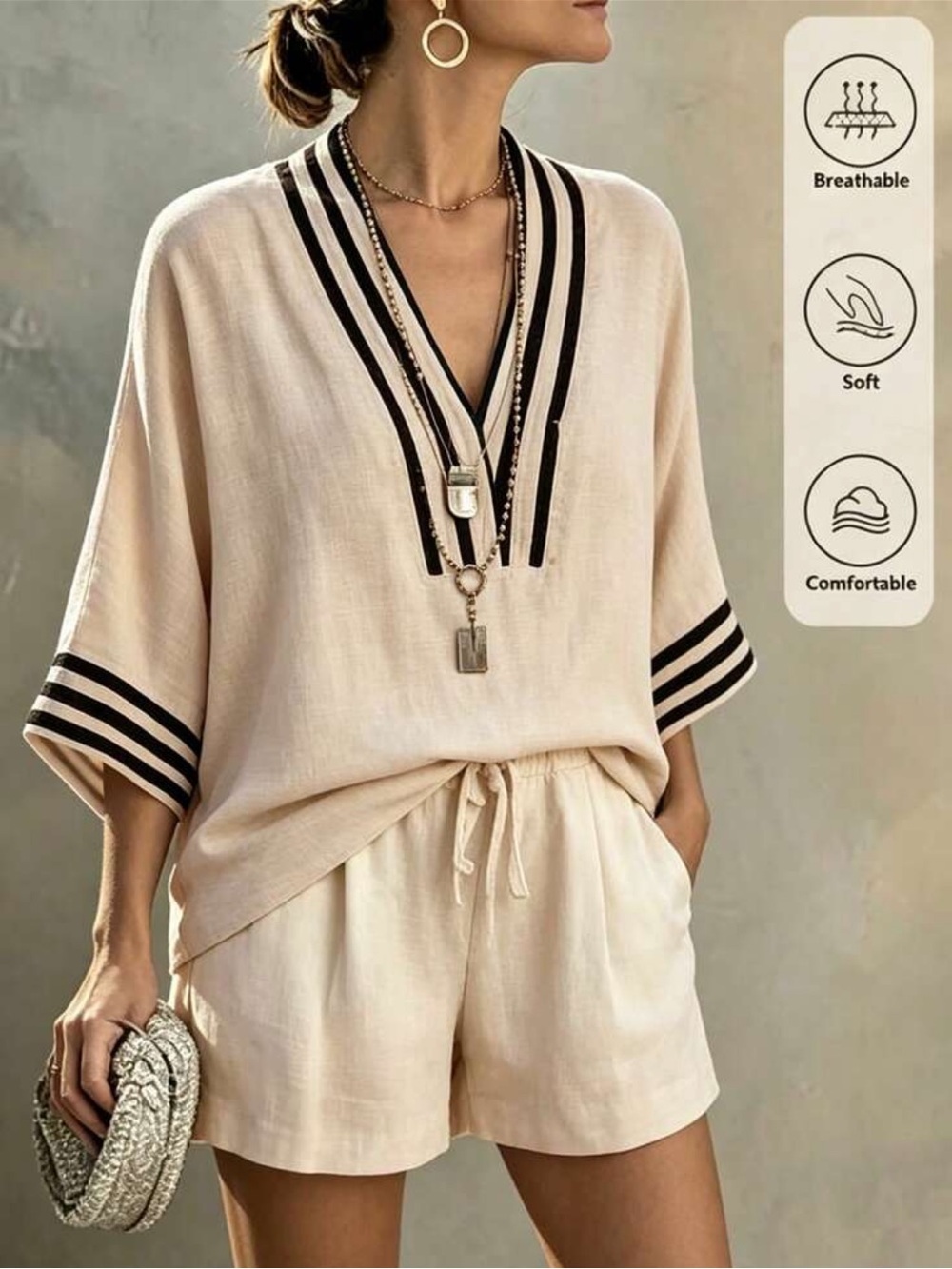 Breathable Cream V-Neck Tunic with Black Trim - Brand: